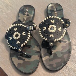 Jack Rogers Camo Sandals with Black and Gold Accents